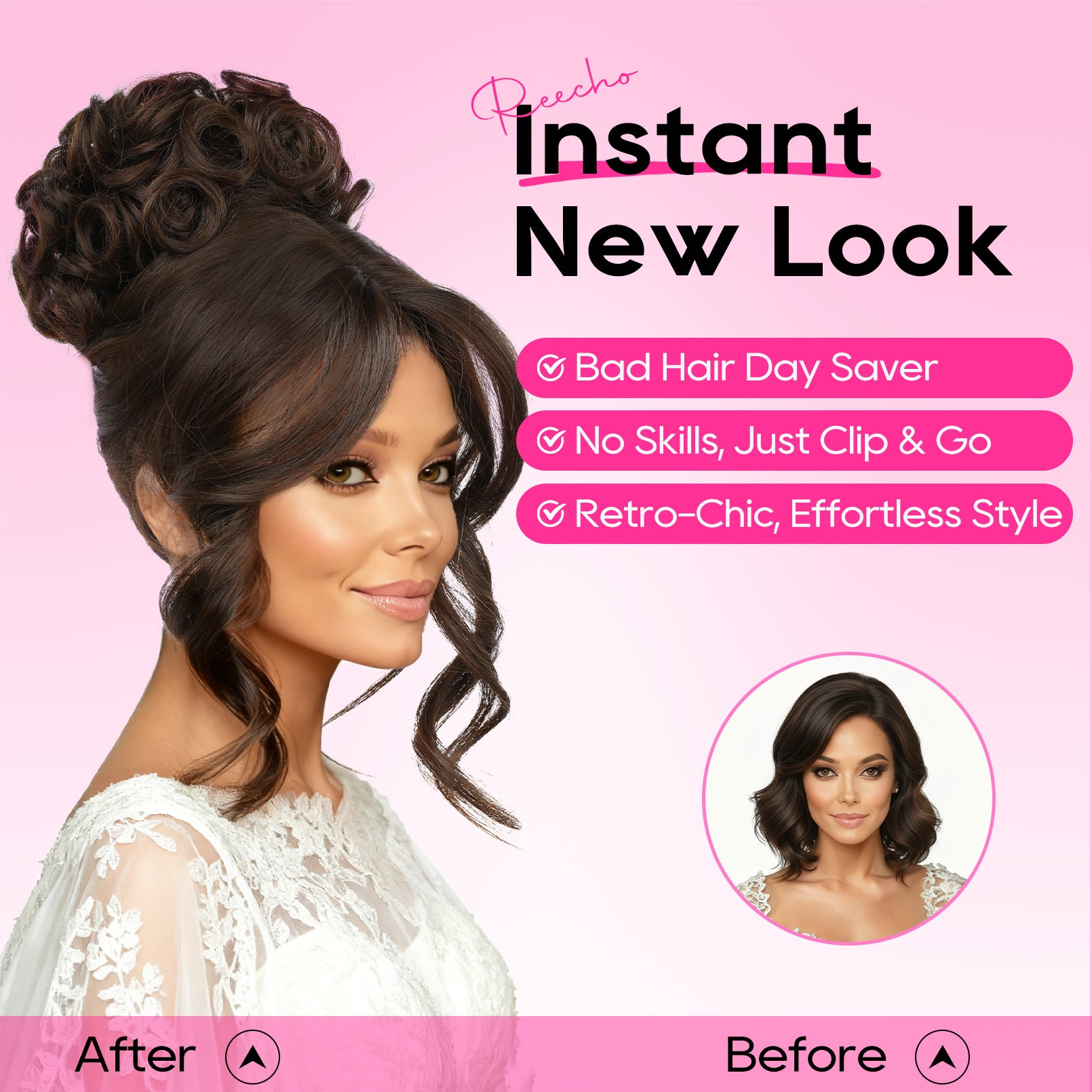 REECHO Messy Bun Hair Piece with Bangs - 2-in-1 Hair Bun Hairpieces Cu