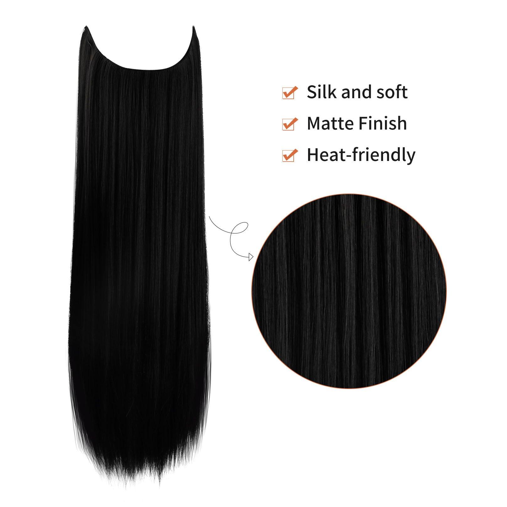REECHO HAIR Halo Hair Extensions with Invisible Transparent Wire Adjustable Size Removable Secure Clips in Straight Secret Hairpiece for Women 24 Inch-Natural Black - REECHO Hair