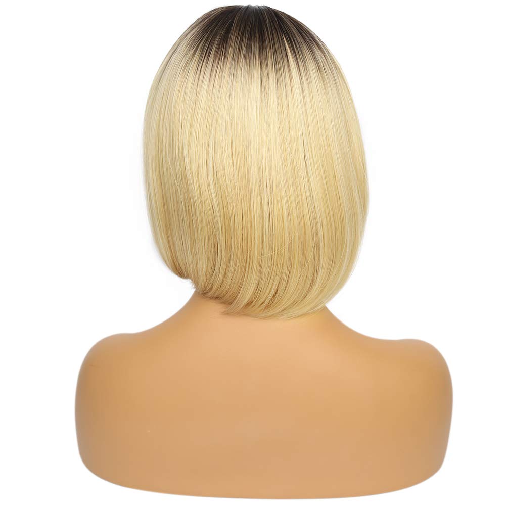REECHO 11" Short Bob Straight Wig with bangs Synthetic Hair for White Black Women Daily Use or Cosplay Color: Ombre Brown to Blonde