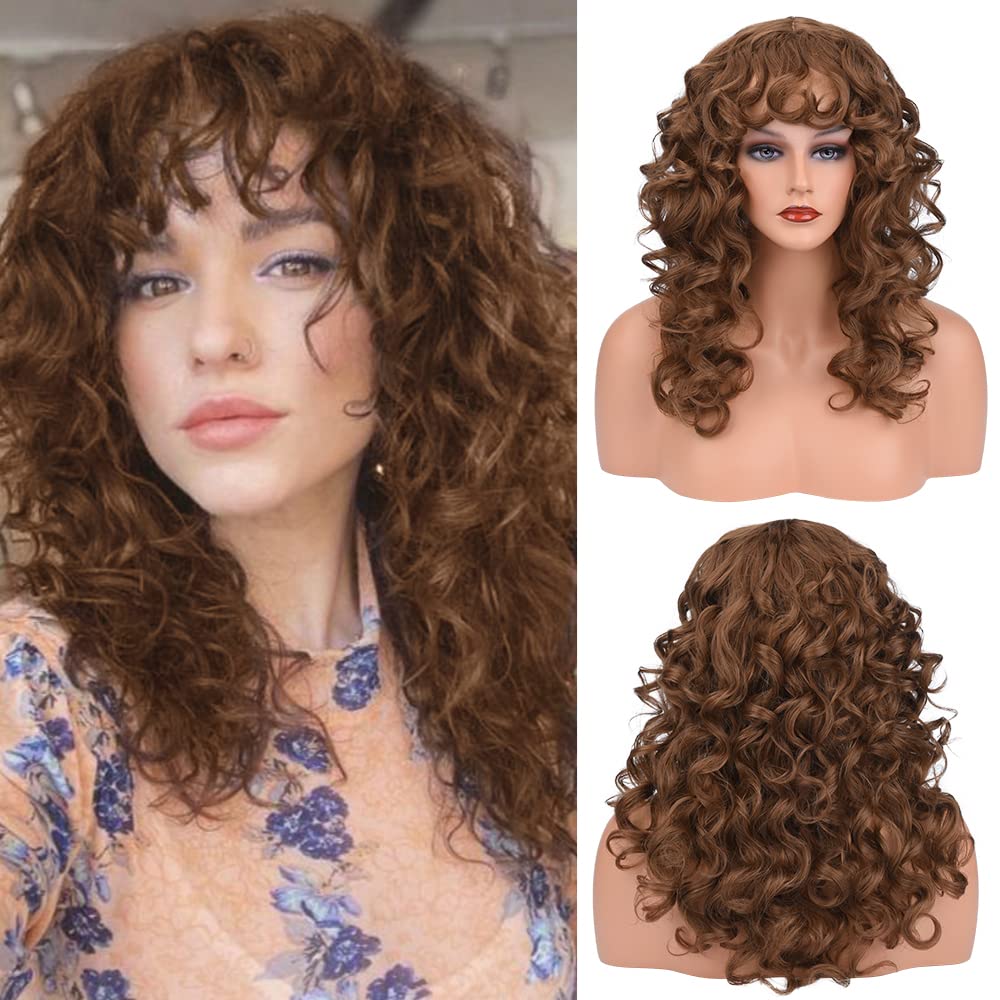 REECHO Curly Wig with Bangs, Curly Shag Hair Cut Hair Style for Women