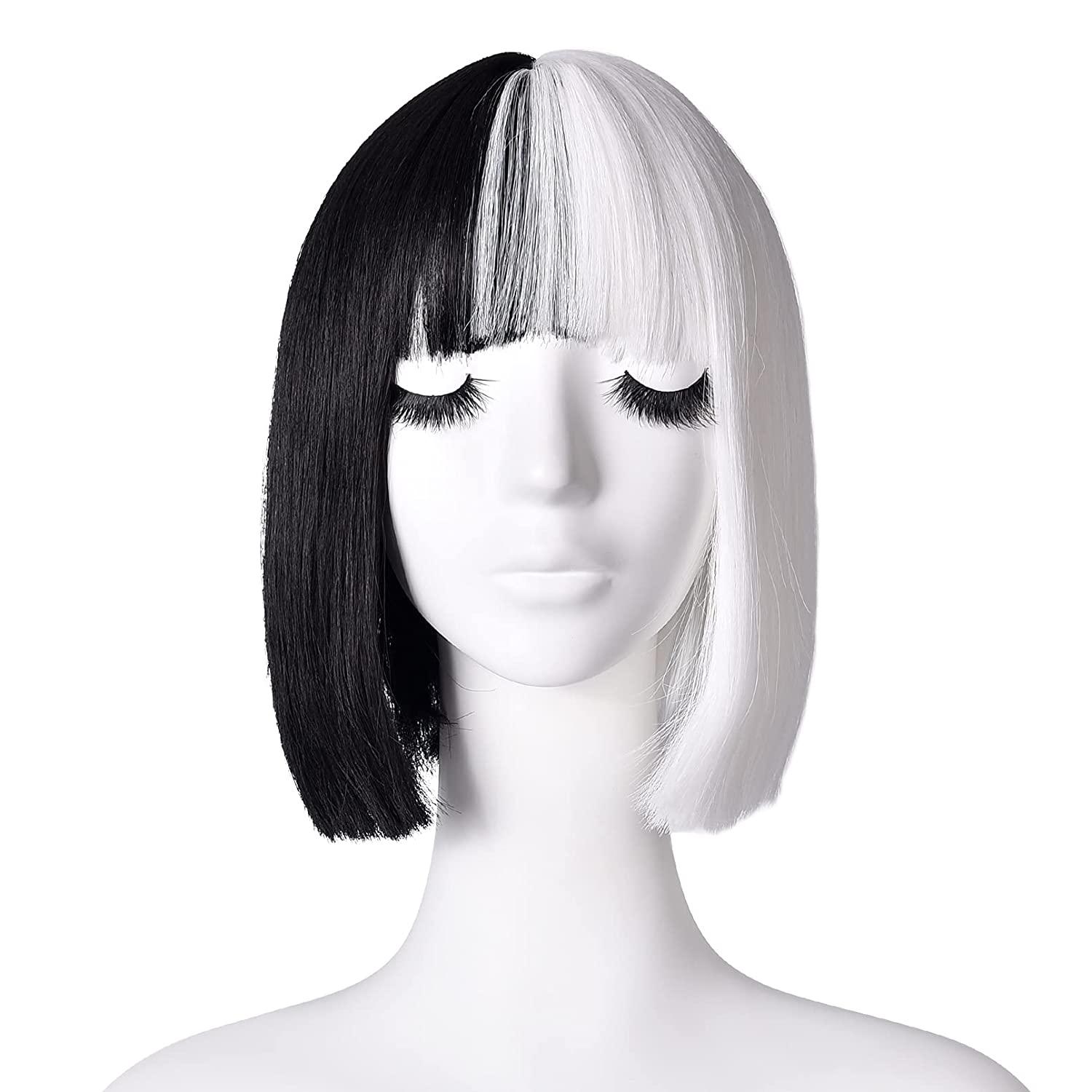 REECHO 11" Short Black and White Cosplay Wig with bangs Synthetic Hair for Women Halloween Costume Cosplay PartyColor: Black White - REECHO Hair