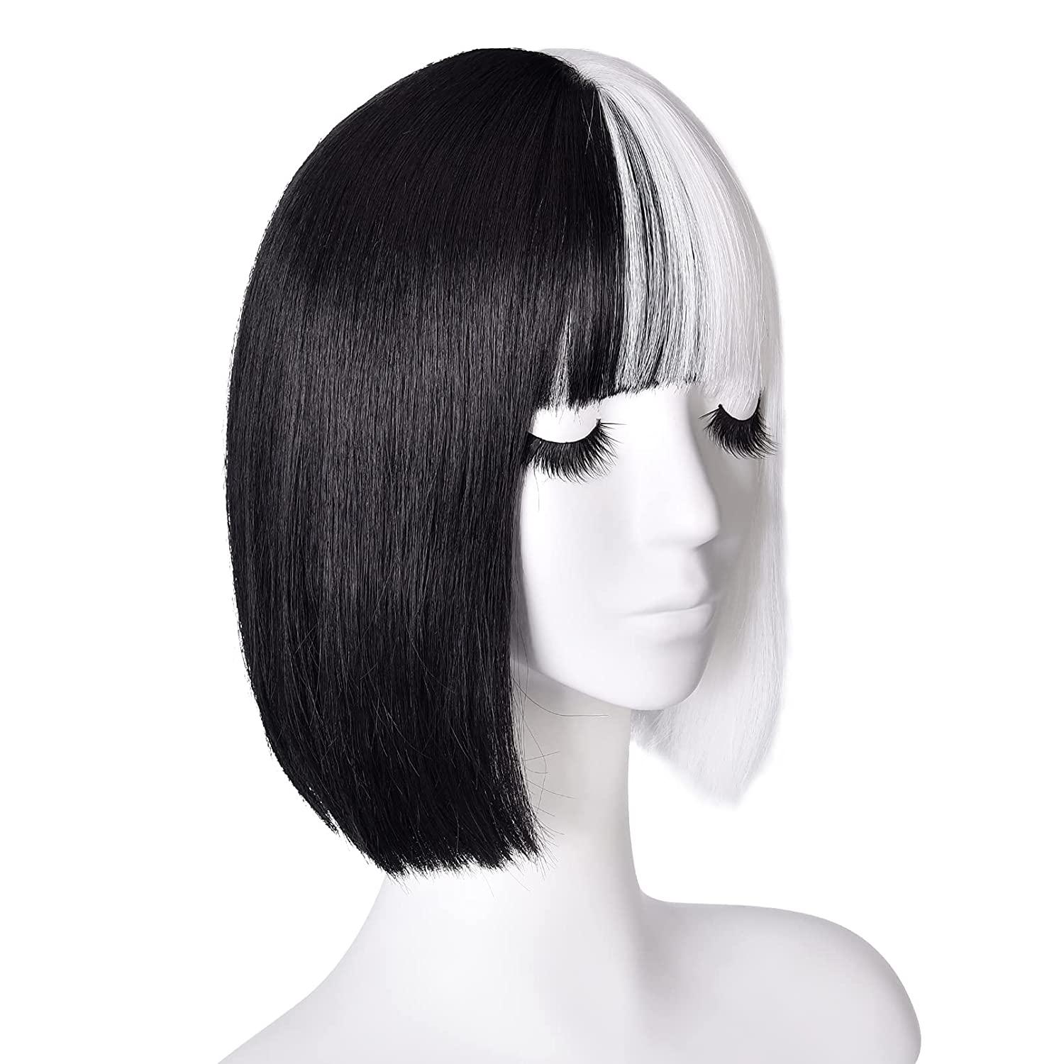 REECHO 11" Short Black and White Cosplay Wig with bangs Synthetic Hair for Women Halloween Costume Cosplay PartyColor: Black White - REECHO Hair
