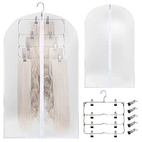 Hair Extensions Storage Set, Dust Garment Bags with Hanger and Flexible Clips, UP TO 15PCS Hair Extensions Storage Space