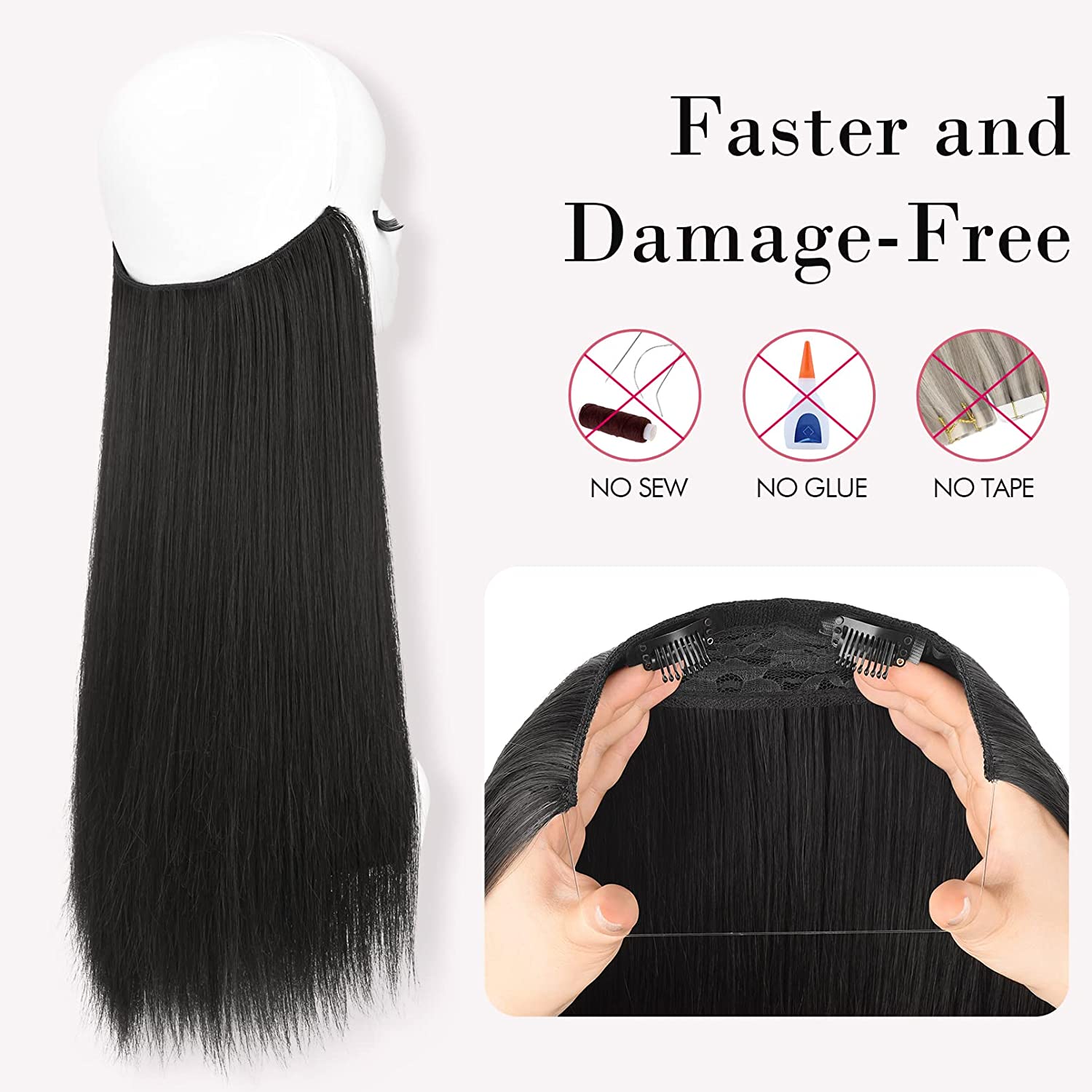 REECHO Invisible Wire Hair Extensions, Removable Secure Clips in Hair Extensions with Invisible Transparent Wire Adjustable Size Secret Hairpiece for Women