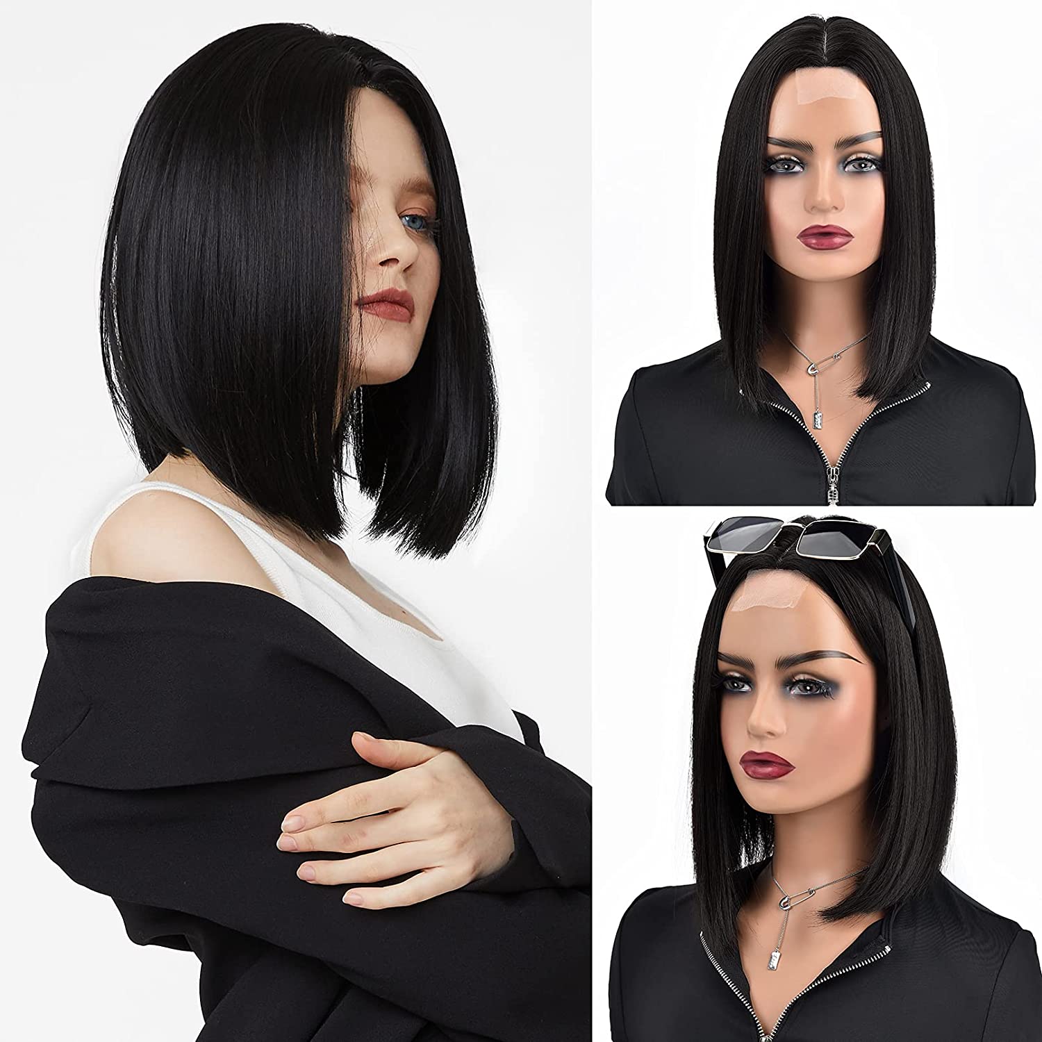 REECHO Synthetic Short Bob Wigs, Straight wigs Natural hairline Closure Wigs Pre Plucked with Natural Baby Hair