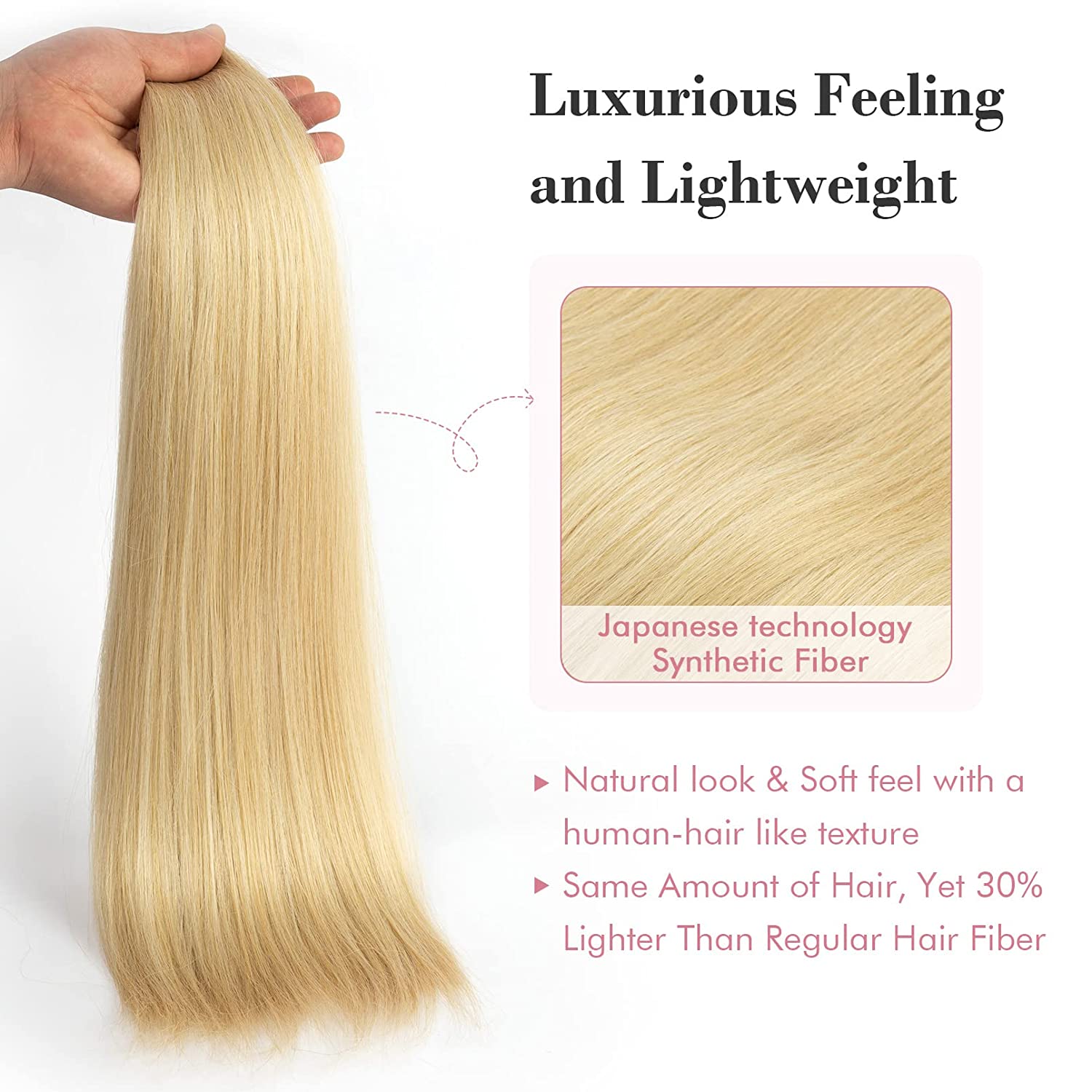 REECHO Clip in Hair Extensions, 24” Hair Extensions 5PCS Thick Long Straight Lace Weft Lightweight Synthetic Hairpieces for Women