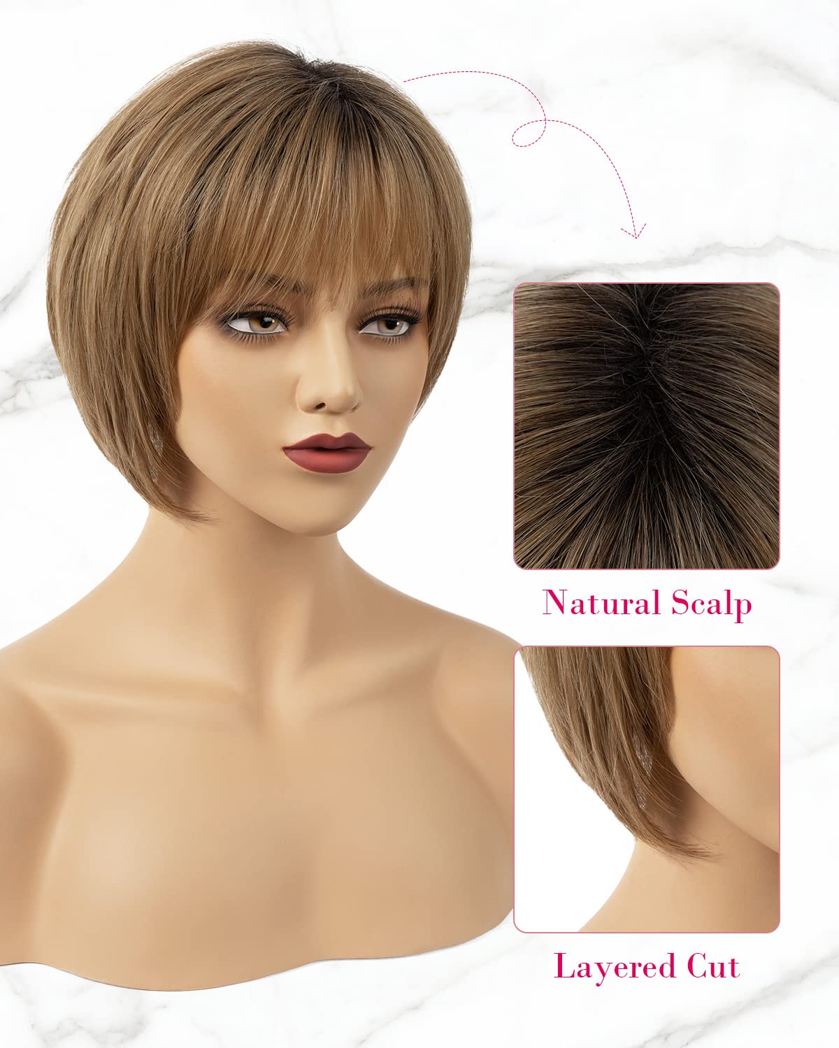 REECHO Bob Wig, Short Wig with Bangs Sleek Chic Chin-Length Layers Wigs for White Women Daily Use, Party