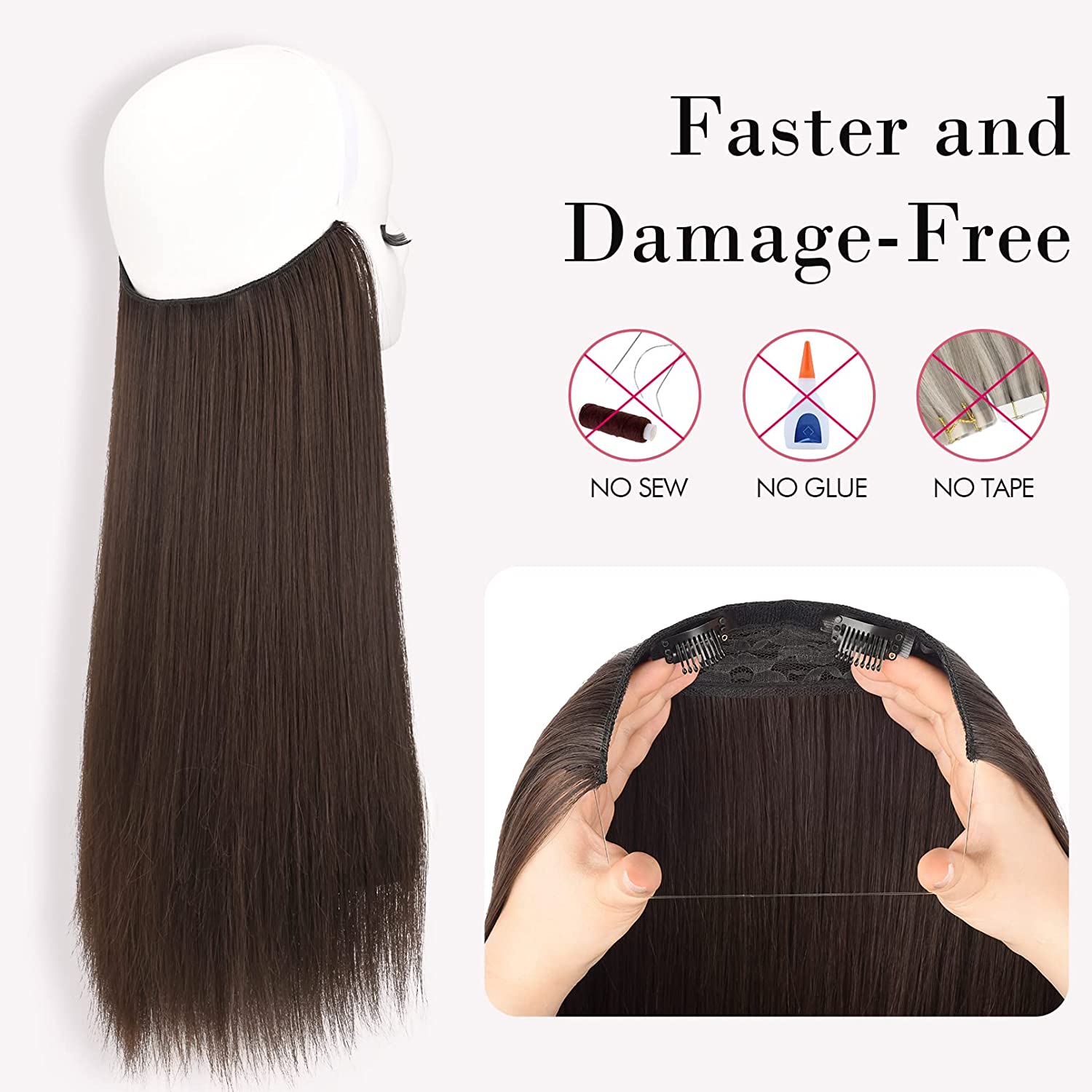 20-Inch Invisible Wire Hair Extensions with 6 Secure Clips Invisible Wire Hair Extensions - 20 Inch Synthetic Halo Hair  main image 2