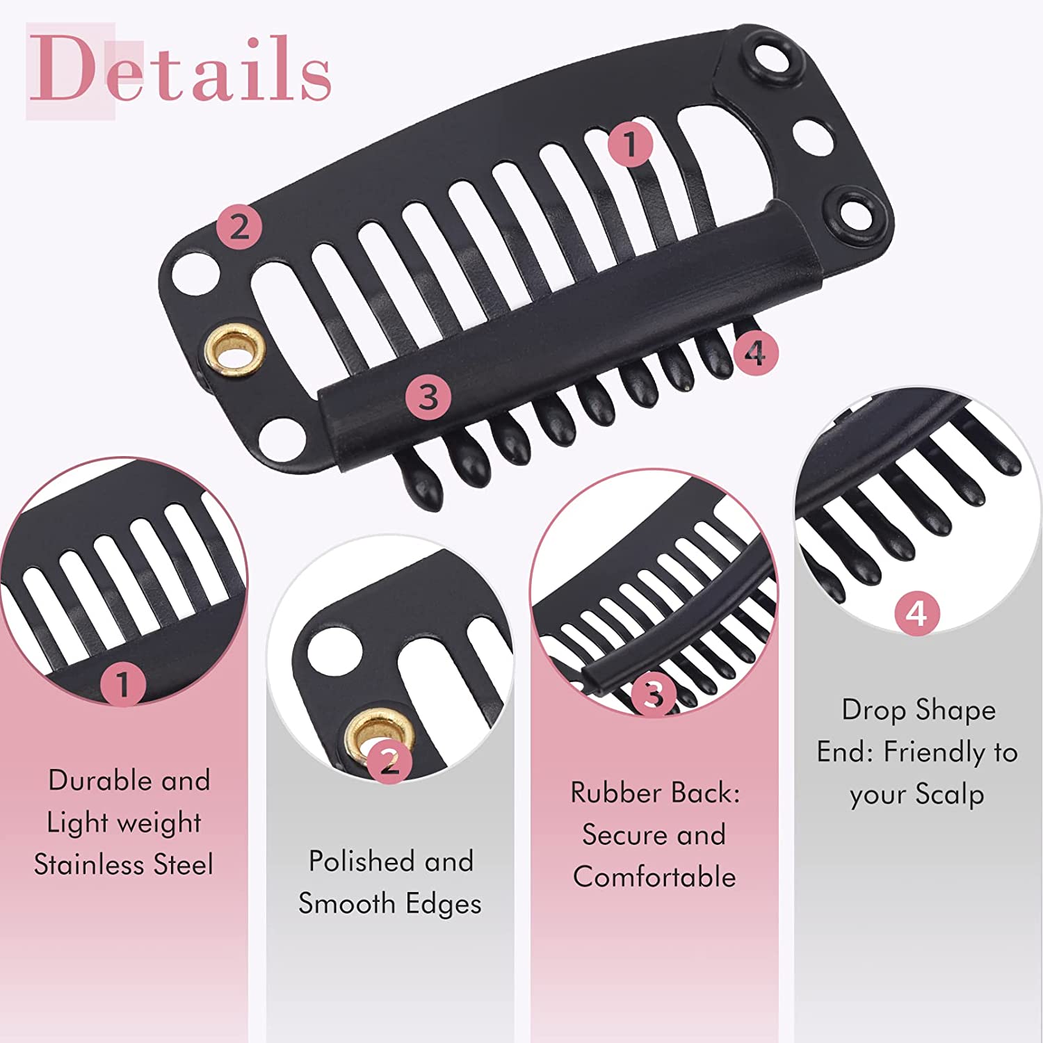 REECHO 24 pcs Hair Extension Clips, 31mm 9-Teeth Wig Clips for Extensions, Hairpieces, Wigs, Toupee with Rubber Silicone Back Snap Clips Wig Accessories