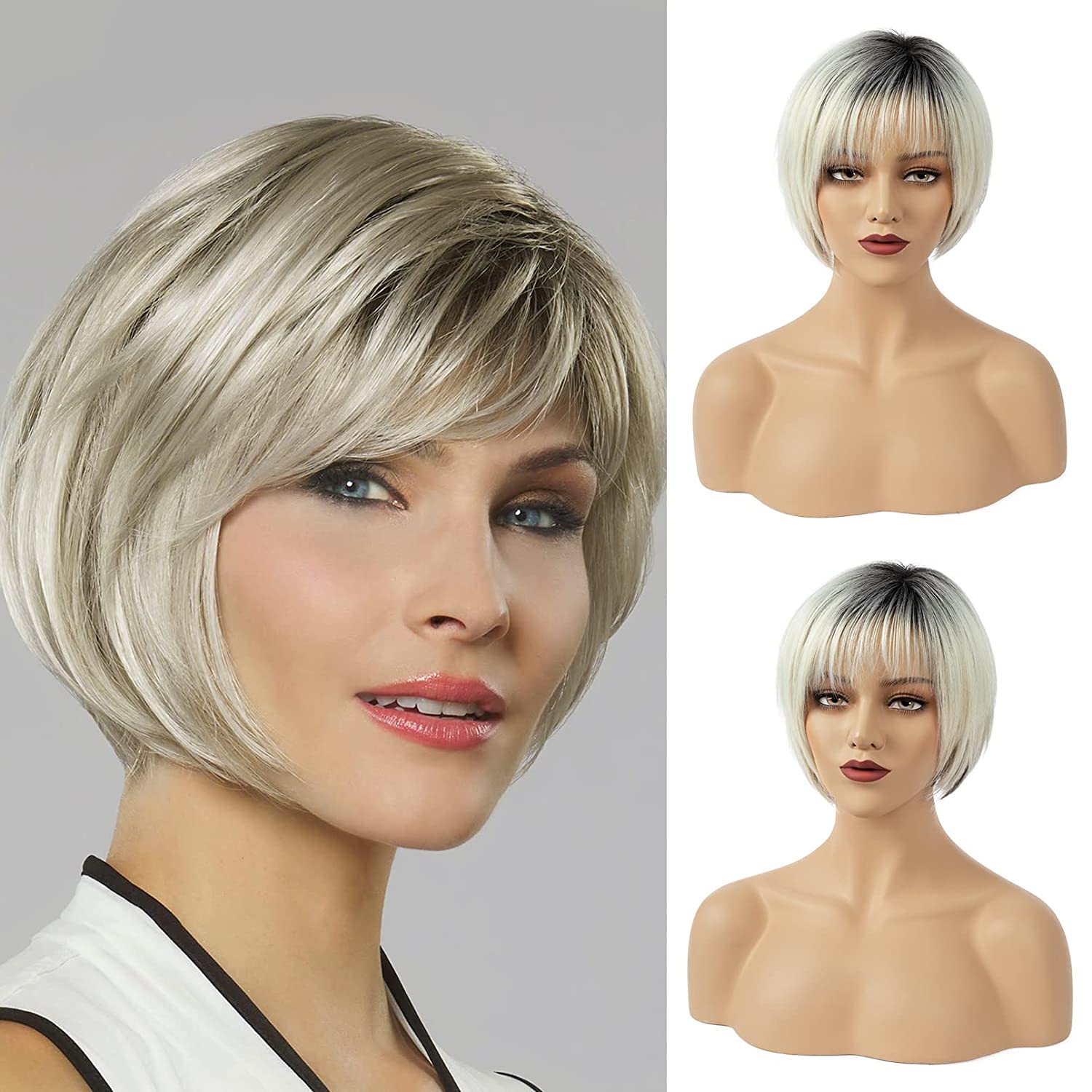 REECHO Bob Wig, Short Wig with Bangs Sleek Chic Chin-Length Layers Wigs for White Women Daily Use, Party