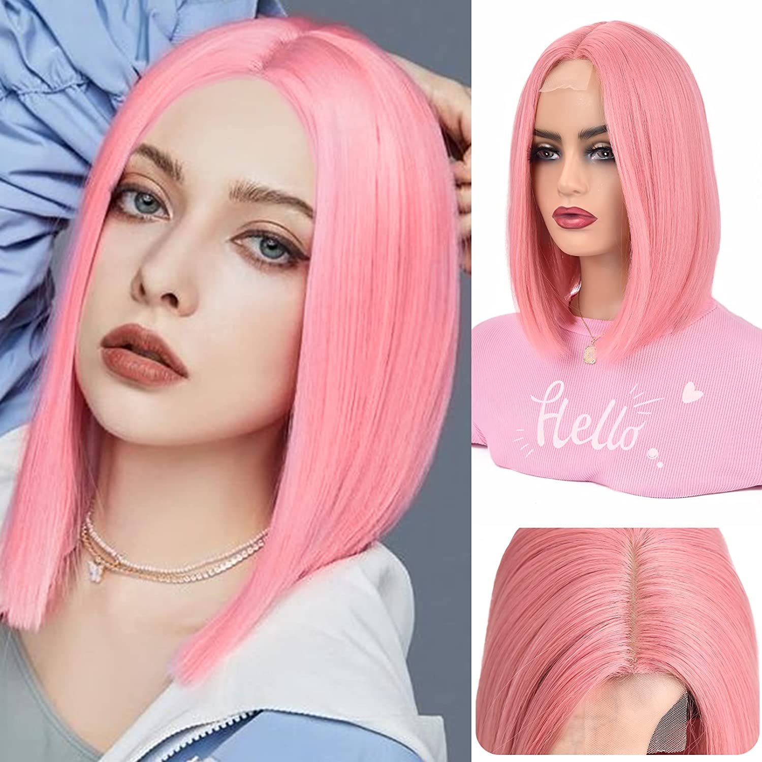REECHO Synthetic Short Bob Wigs, Straight wigs Natural hairline Closure Wigs Pre Plucked with Natural Baby Hair