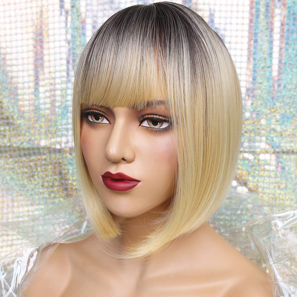 REECHO 11" Short Bob Straight Wig with bangs Synthetic Hair for White Black Women Daily Use or Cosplay Color: Ombre Brown to Blonde