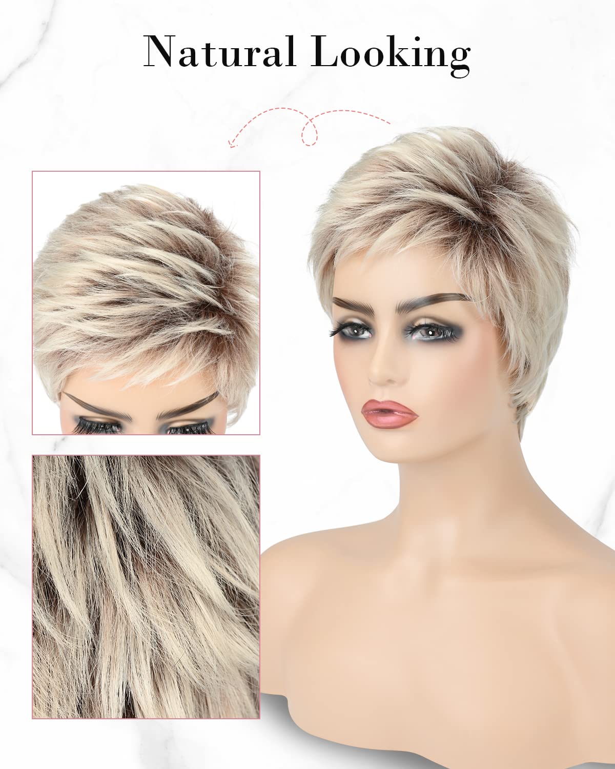 REECHO Pixie Cut Wigs for White Women, Short Wigs with Bangs layered hairstyles for Unisex Adult