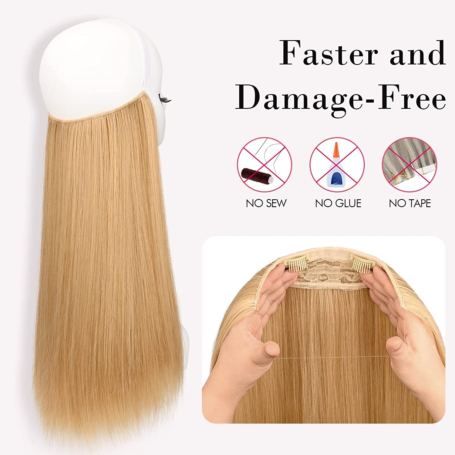 REECHO Invisible Wire Hair Extensions, Removable Secure Clips in Hair Extensions with Invisible Transparent Wire Adjustable Size Secret Hairpiece for Women