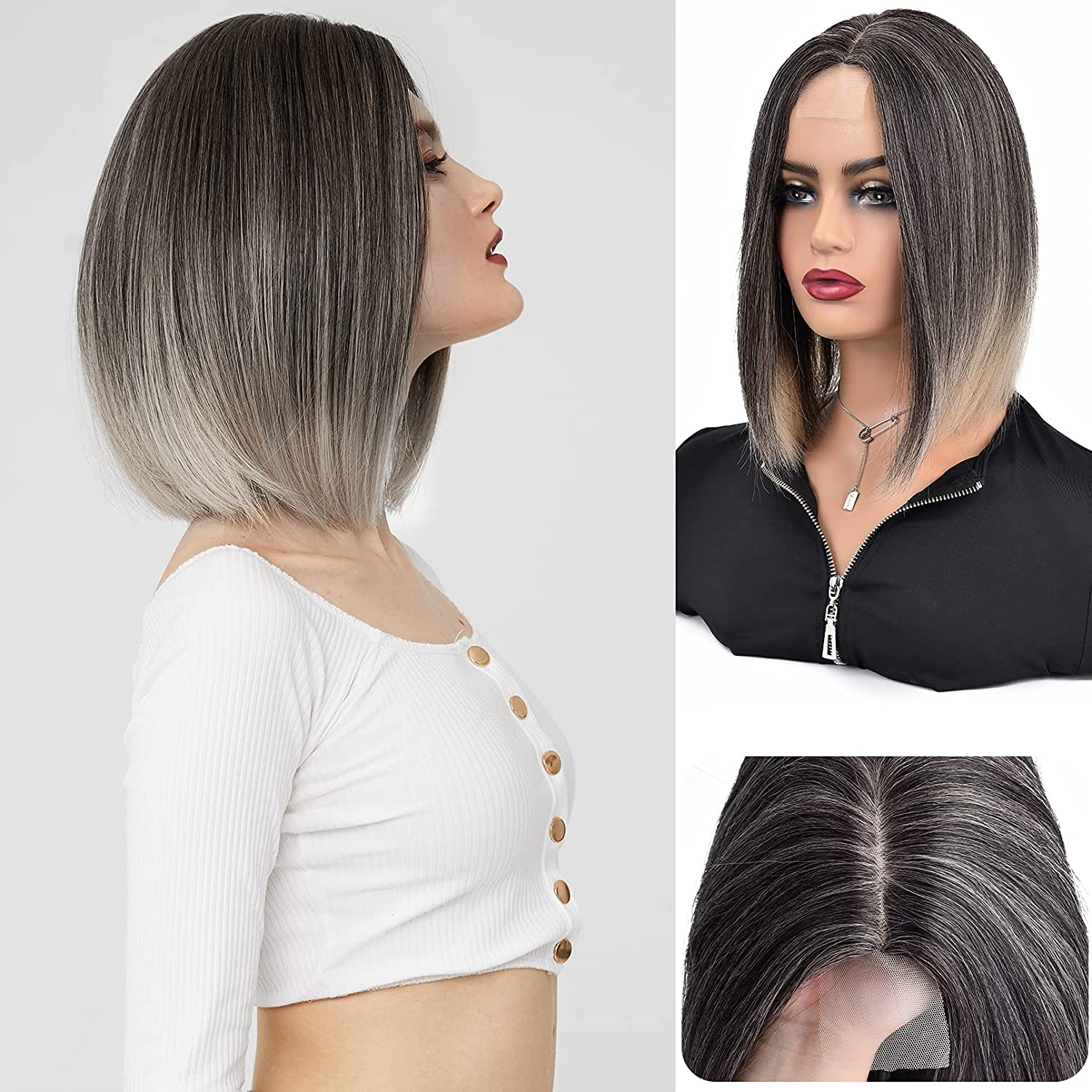 REECHO Synthetic Short Bob Wigs, Straight wigs Natural hairline Closure Wigs Pre Plucked with Natural Baby Hair