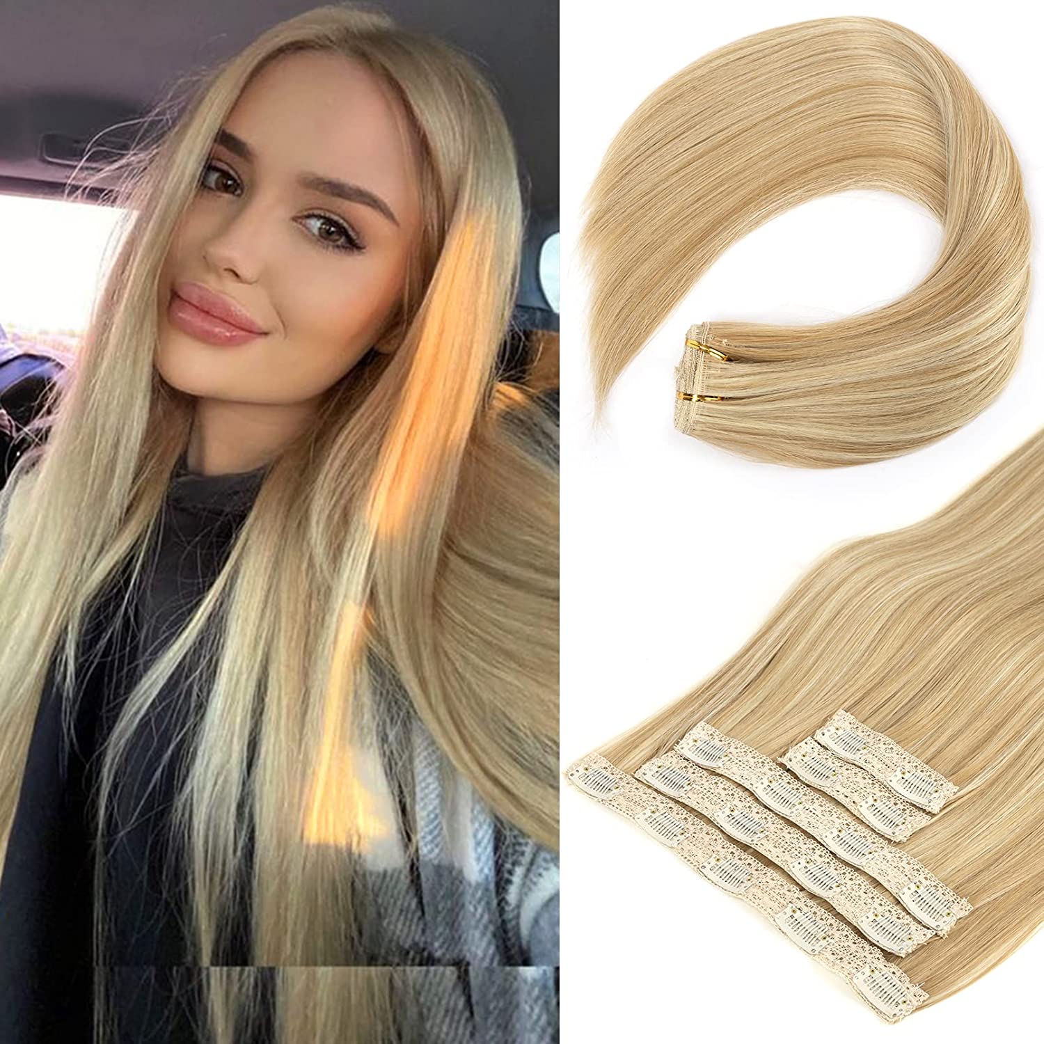 REECHO Clip in Hair Extensions, 24” Hair Extensions 5PCS Thick Long Straight Lace Weft Lightweight Synthetic Hairpieces for Women