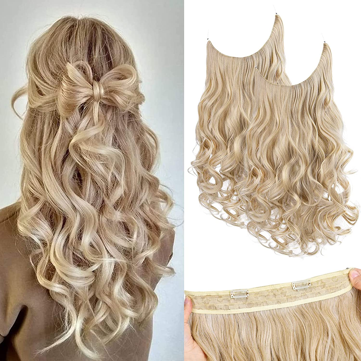 REECHO 2PCS Set Invisible Wire Hair Extensions, Long Thick Hairpieces Transparent Headband Removable Secure Clips in Curly Wavy Secret Hairpiece for Women