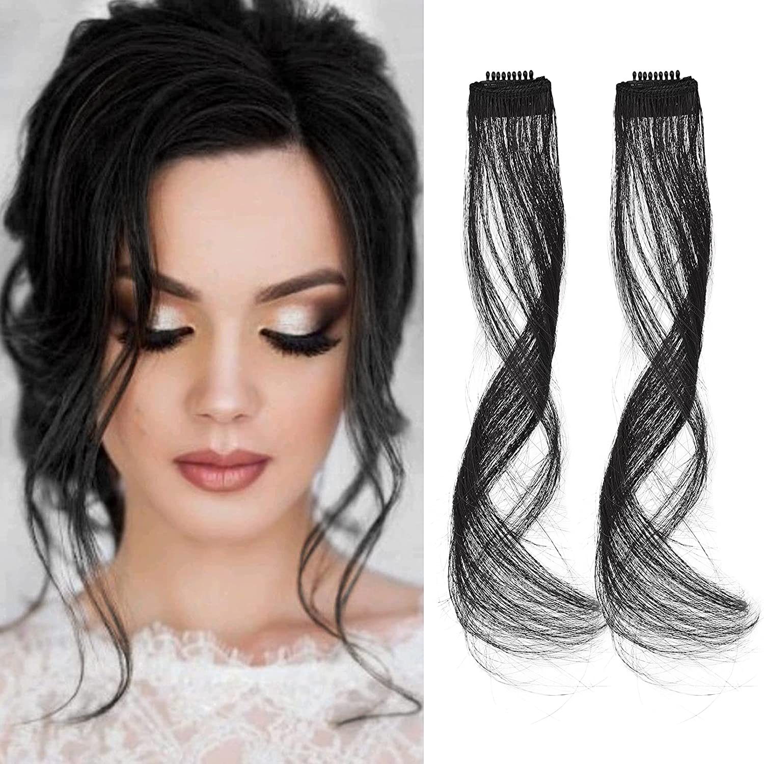 REECHO Long Side Air Bangs, Wavy Curly Clip in Bangs Front Side Bangs for Women Daily Use 2 PCS Set Long Temples
