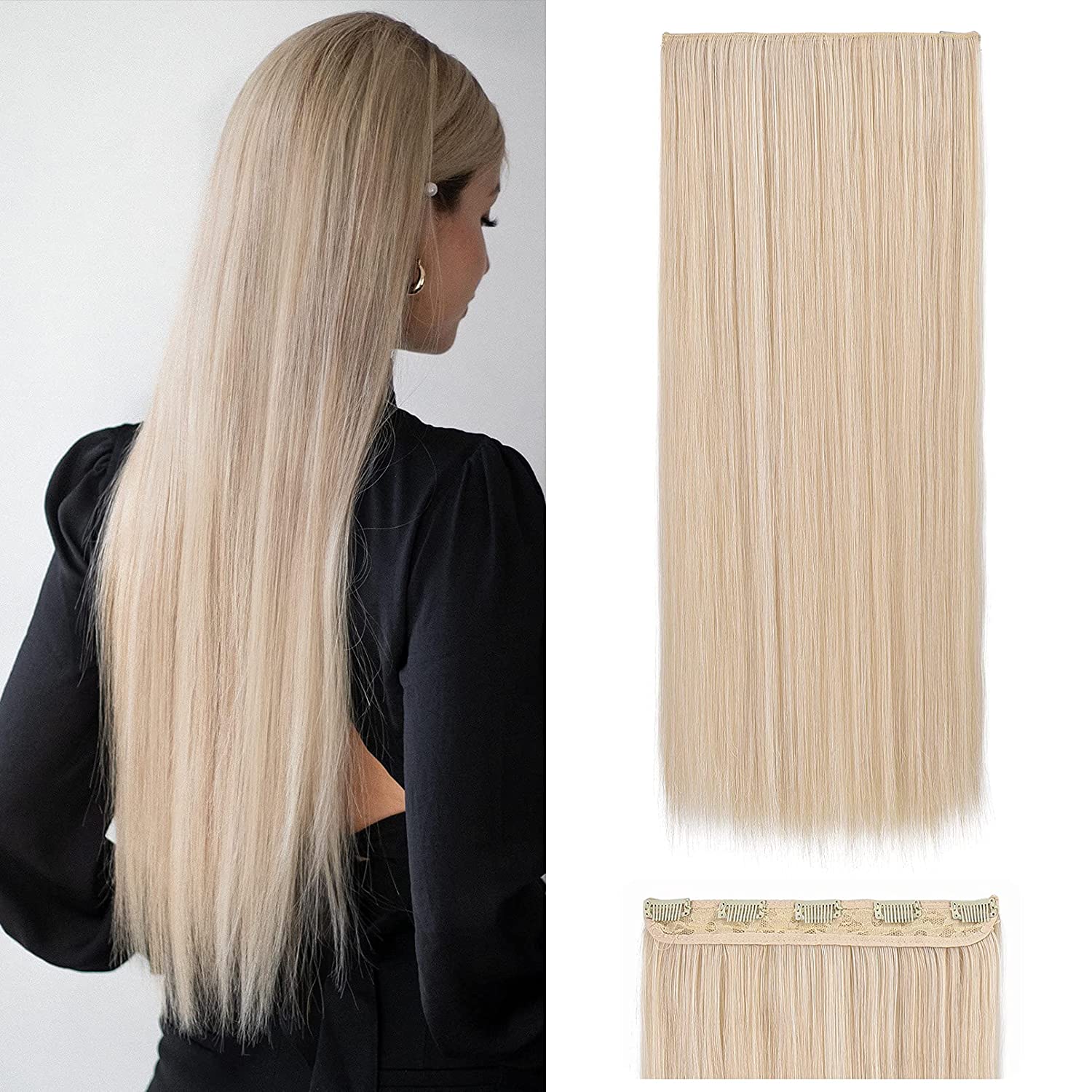 REECHO Straight Clips in hair extensions Clips on Hairpieces Synthetic Hair Extensions for Women 5 Clips per Piece