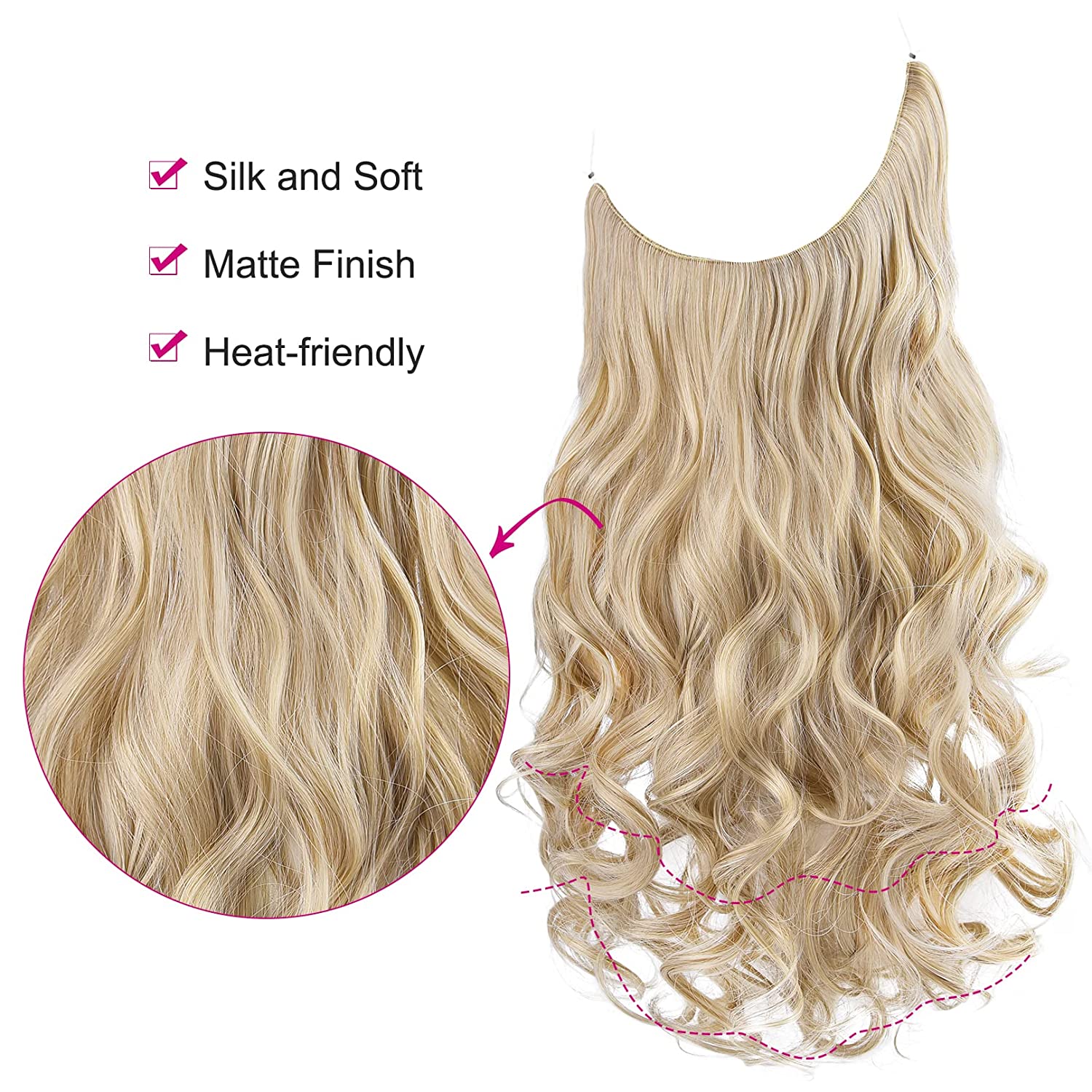 REECHO 2PCS Set Invisible Wire Hair Extensions, Long Thick Hairpieces Transparent Headband Removable Secure Clips in Curly Wavy Secret Hairpiece for Women